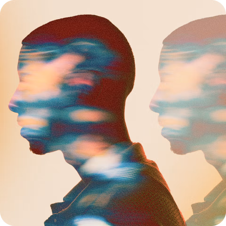 Double-exposure style portrait of a person in profile with blurred colorful overlays.