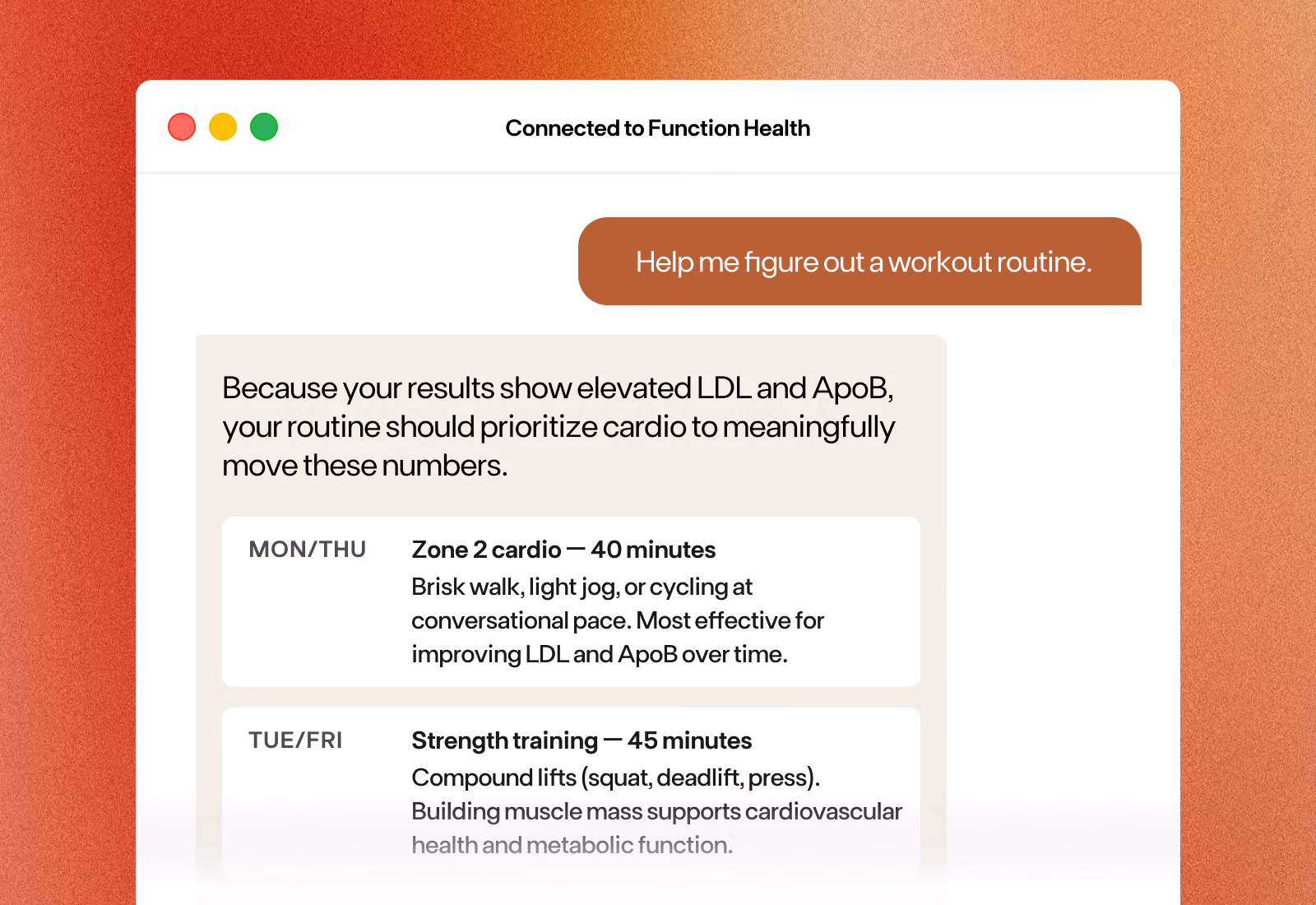 Image of sample response from an AI prompt of "Help me figure out a better workout routine" with in-depth response.
