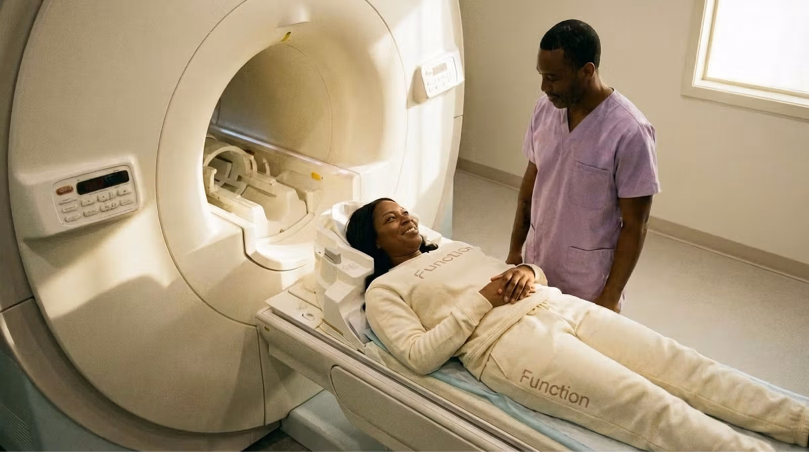 Woman in MRI scan machine speaking to healthcare provider.