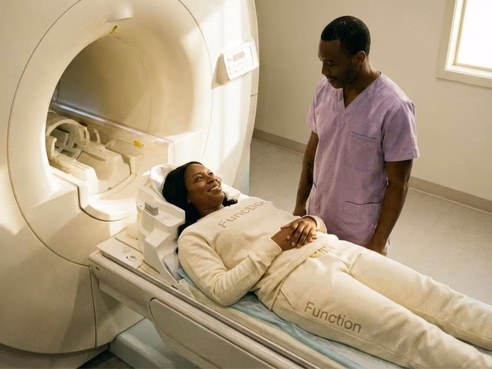 Man speaking to woman about to enter MRI scan machine