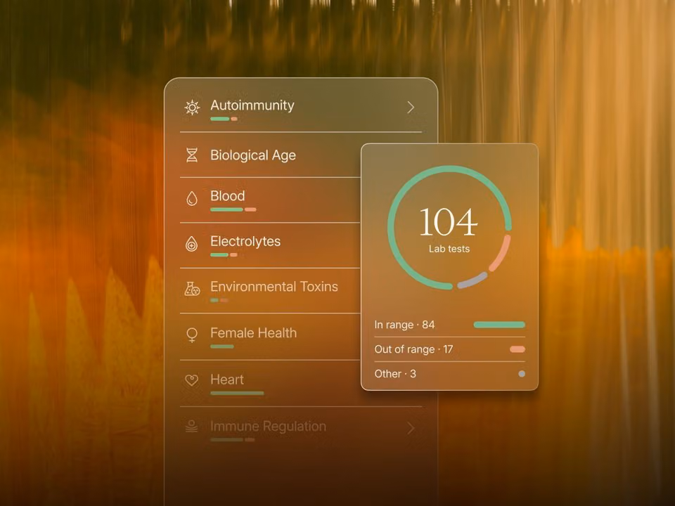 Function health dashboard showing lab categories and a 104 lab tests summary card.