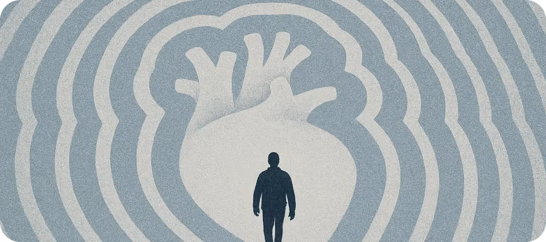 Silhouette of a person standing inside a large heart illustration with radiating contour lines.