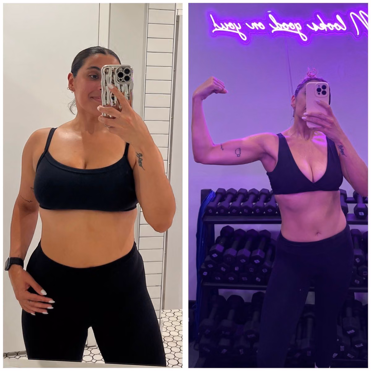 Side-by-side progress photos of Lauren before and after the nutrition and training changes she made following her Function results.