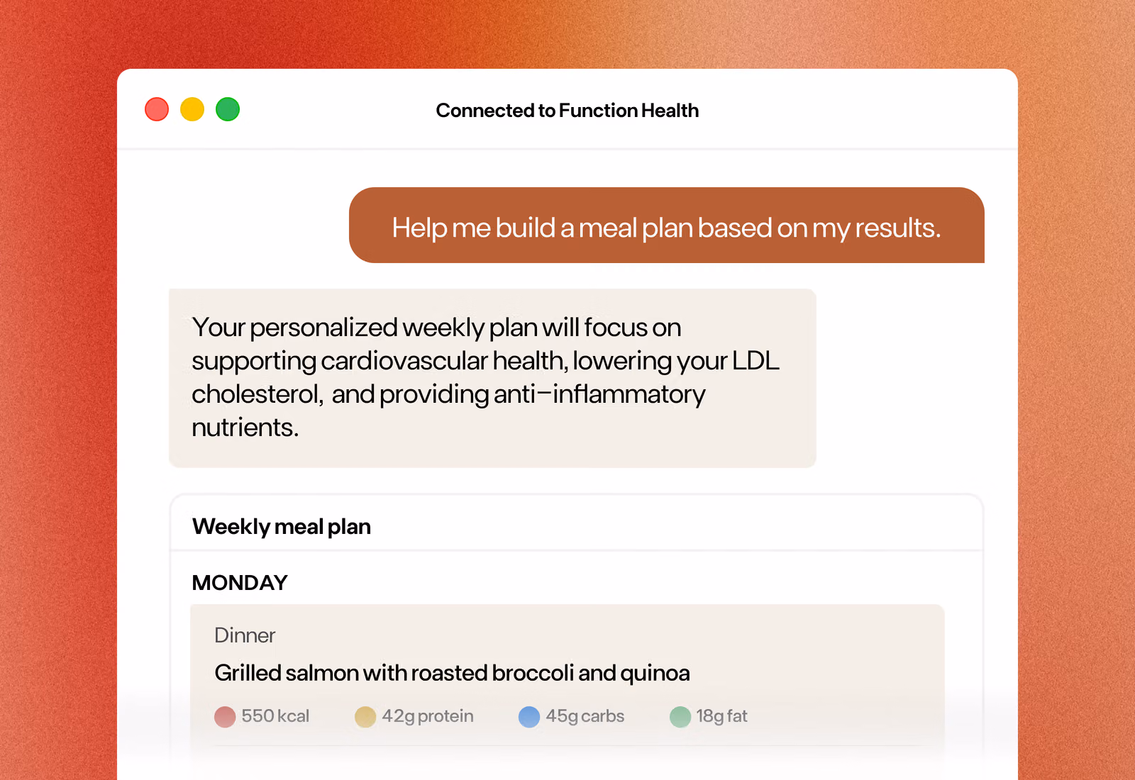 Sample response for "help me build a meal plan based on my results" when connected with Function.